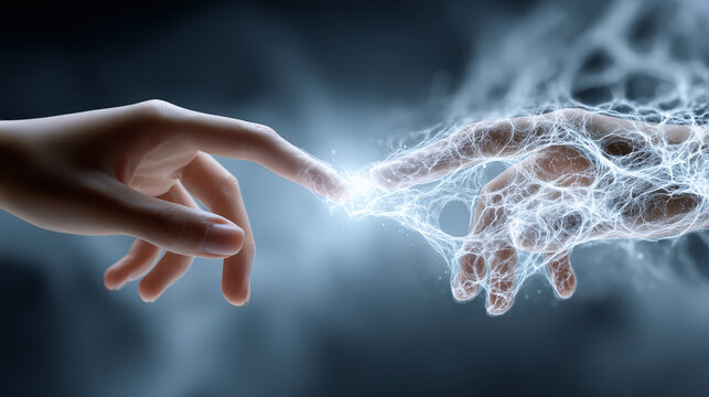 Hands Reaching to Touch, Creating a Spark of Digital or Ethereal Connection