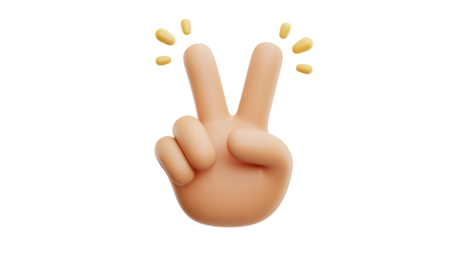 A cartoon hand making a peace sign with confetti on a black background in a digital rendering