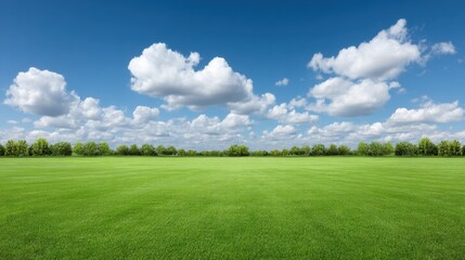 Fototapeta premium Expansive Green Grass Field Under a Bright Blue Sky with Fluffy White Clouds in a Peaceful Rural Landscape