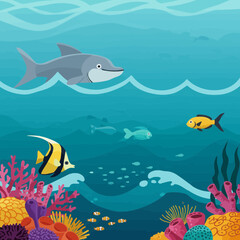 Naklejka premium Vibrant Tropical Marine Life Swimming Over Coral.
