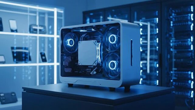 White and Blue PC Tower Server with Four Fans on a Dark Blue Table in Front of a Glass Shelf and Server Racks in a Blue Lit Room for Technology Enthusiasts and Gamers