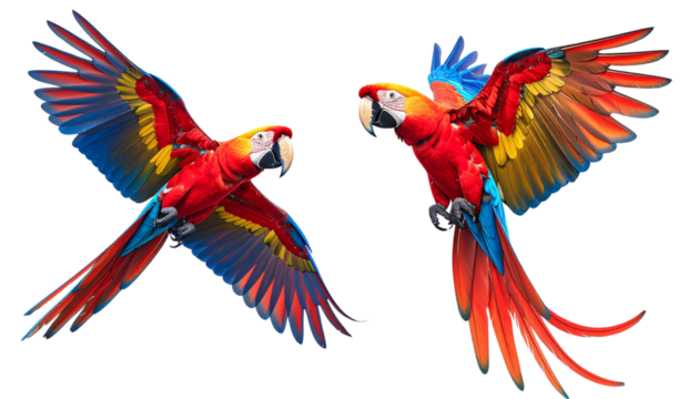 Two tropical macaw birds with vibrant feathers isolated on transparent background