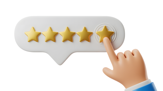 Hand pressing a gold star on a white speech bubble with four other gold stars in a black background