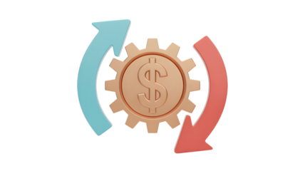 Illustration of a dollar sign inside a gear surrounded by two curved arrows on a black background