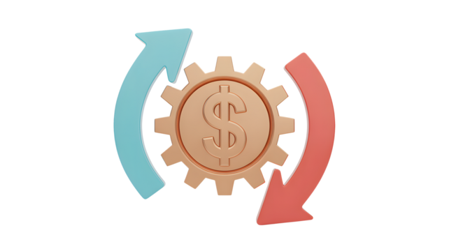 Illustration of a dollar sign inside a gear surrounded by two curved arrows on a black background
