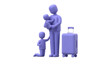 Stylized family with suitcase in purple tones featuring father children and luggage for travel concept