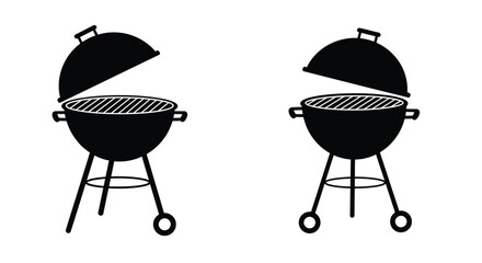 Black and white illustration of two open kettle style barbecue grills