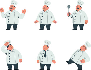 Cartoon chef character set, expressive cooking poses, professional kitchen uniform, culinary staff illustration, restaurant mascot, CAD drawing flat vector illustration