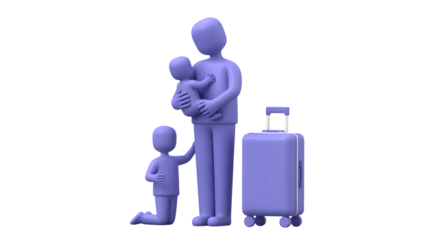 Stylized family with suitcase in purple tones featuring father children and luggage for travel concept