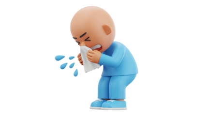 Cartoon man in blue pajamas sneezing into a tissue with visible droplets on a black background