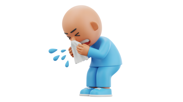 Cartoon man in blue pajamas sneezing into a tissue with visible droplets on a black background