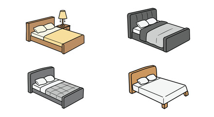 Simple cartoon illustration depicting various perspectives of a comfortable bed