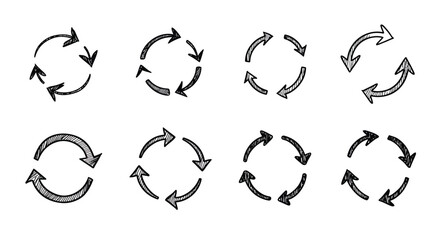 Circular arrows in various configurations sketched in black and white style © Lhvect02