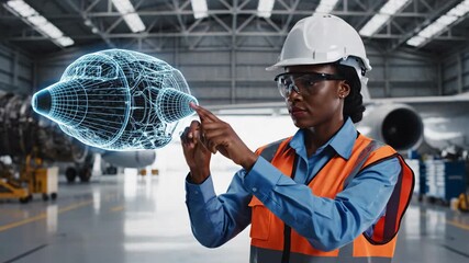 Female Engineer Inspecting Airplane Design - An African American female engineer wearing a hard hat and safety vest examines a blue airplane design hologram in a hangar.