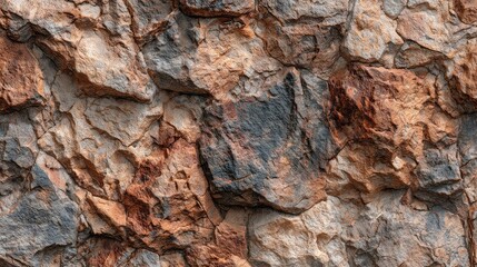 a close up view of a rock wall with a variety of textures and colors, showcasing different strata and mineral deposits