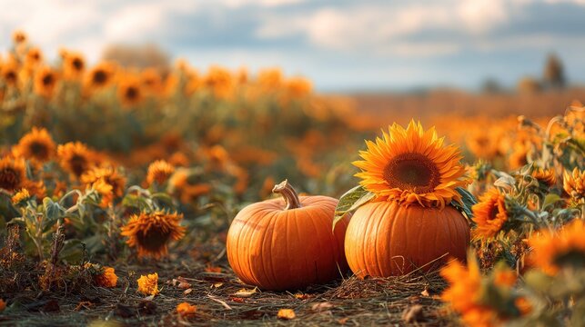 a field of sunflowers in full bloom with two large pumpkins positioned between them, creating an autumnal theme contrasting with the vibrant yellow flowers