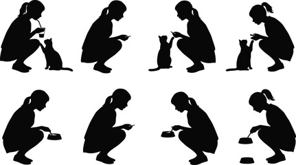 Silhouette vector illustration of person feeding cat with bowl, pet care interaction, human animal bond, domestic lifestyle, companionship scene