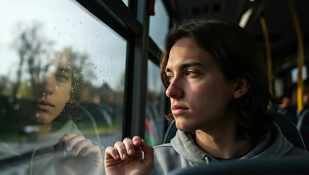 Young man looking out bus window during sunset with reflection.