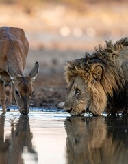 Lion and deer share watering hole, observing each other carefully