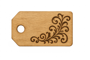 Wooden tag featuring engraved floral scroll pattern