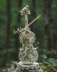Ornate Violin with Bird Figurine in Forest