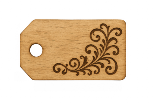 Wooden tag featuring engraved floral scroll pattern