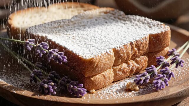 Powdered Sugar Toast with Lavender - A stack of golden-brown toast is being dusted with powdered sugar, garnished with sprigs of purple lavender on a wooden plate.