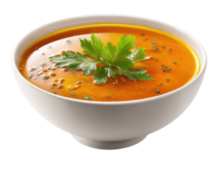 Creamy, golden soup in a white bowl, garnished with fresh parsley