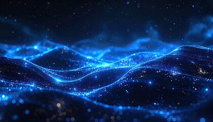 Abstract Digital Blue Waves of Light Particles and Glittering Bokeh Dust Particles Flowing Smoothly on Dark Cosmic Background with Subtle Hexagonal Shapes