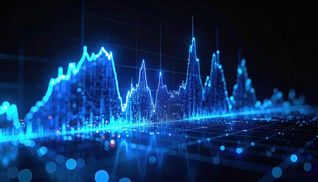 Abstract Digital Blue Waveform Data Visualization with Glowing Particles and Geometric Shapes on Dark Background - Powered by Adobe