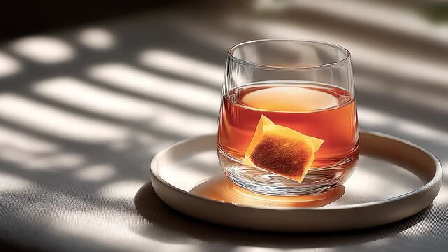 Sunlight Shines on a Cup of Tea Bag Drink