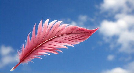 Pink feather floating in the clear blue sky illustration. Soft pastel feather artwork. Gentle pink feather against bright sky with airy texture. Light and peaceful feather.