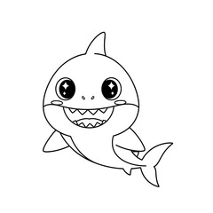 Cute Baby Shark Cartoon Outline – Smiling Ocean Animal Vector for Kids Coloring Page