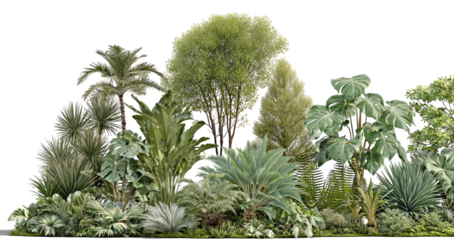 Lush tropical plants in dense grouping