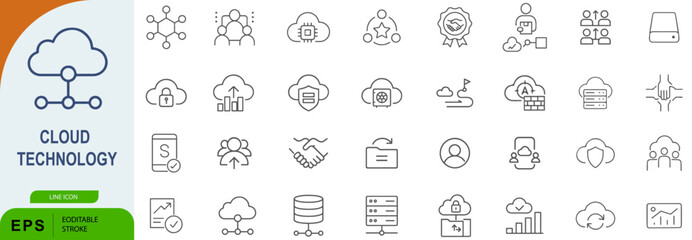 Cloud Technology Icon Set – 36 Line Style Symbols for Data Storage, Security, and Digital Infrastructure
