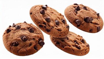 Floating Chocolate Chip Cookies with Rich Chunks Isolated on White Background