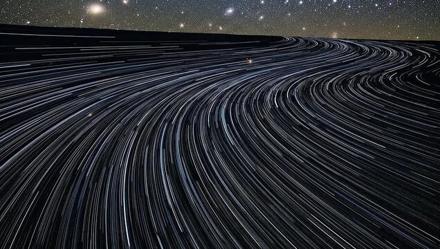 Star Trails Over a Winding Path Under a Starry Night Sky.