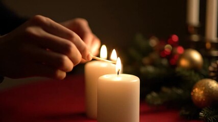Hands Lighting a White Candle for a Festive Holiday Celebration.