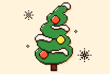 Pixel art Christmas tree with 8bit snowflakes and garland.