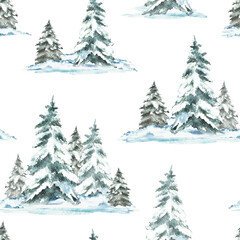 Winter Landscape with snow covered green spruces firs seamless pattern. Snowy Christmas trees, snowdrifts and frosty evergreen forest. Hand drawn watercolor illustration isolated from the background.