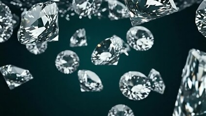 Sparkling Diamonds Floating Against a Dark Green Background, Beautiful Gems. - Powered by Adobe