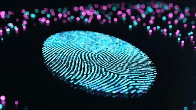 Digital Fingerprint Security - An illustration of a glowing fingerprint scan with pink and teal bokeh lights on a dark background. The video showcases biometrics and security technology.