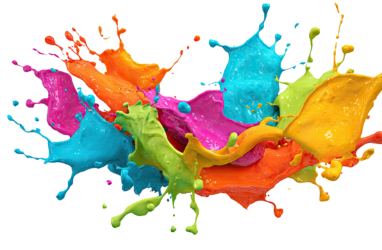 Colorful paint splashes explode in vibrant hues across a black background