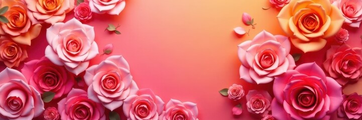 Obraz premium Colorful paper rose wall, gradient shades pink to orange, macro, pink