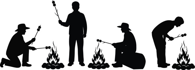 Silhouette of people roasting marshmallows over campfire friends enjoying outdoor activity in nature