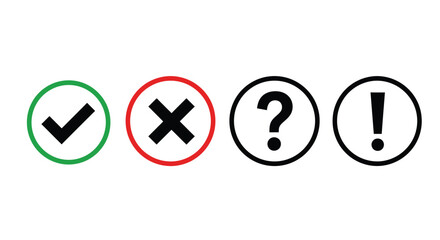 Four circular symbols illustrating positive negative questioning and exclamatory concepts