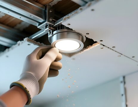 Close-up of installation and replacement of embedded LED downlight lights