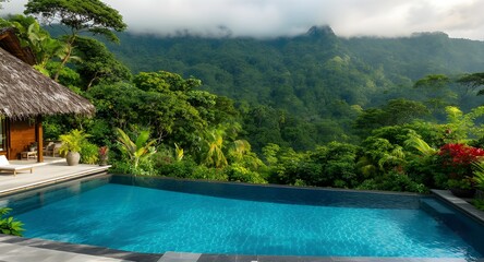 Fototapeta premium Bali Luxury Villa Infinity Pool Overlooking Tropical Rainforest Valley