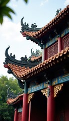 Intricate carvings, vibrant roof tiles, Hanoi pagoda facade, texture, sightseeing