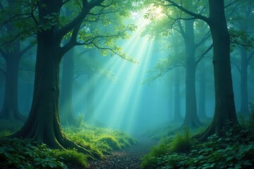 Obraz premium Layered mist veils a mystical forest; vibrant blues and greens , otherworldly, color, trees